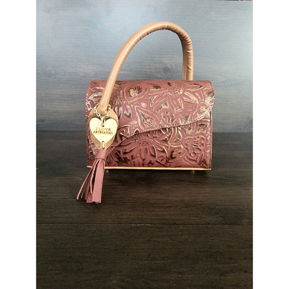 Red Wine Gold Sunflower Embossed Tooled Artisan LEATHER Crossbody bag Purse - Picture 4 of 15